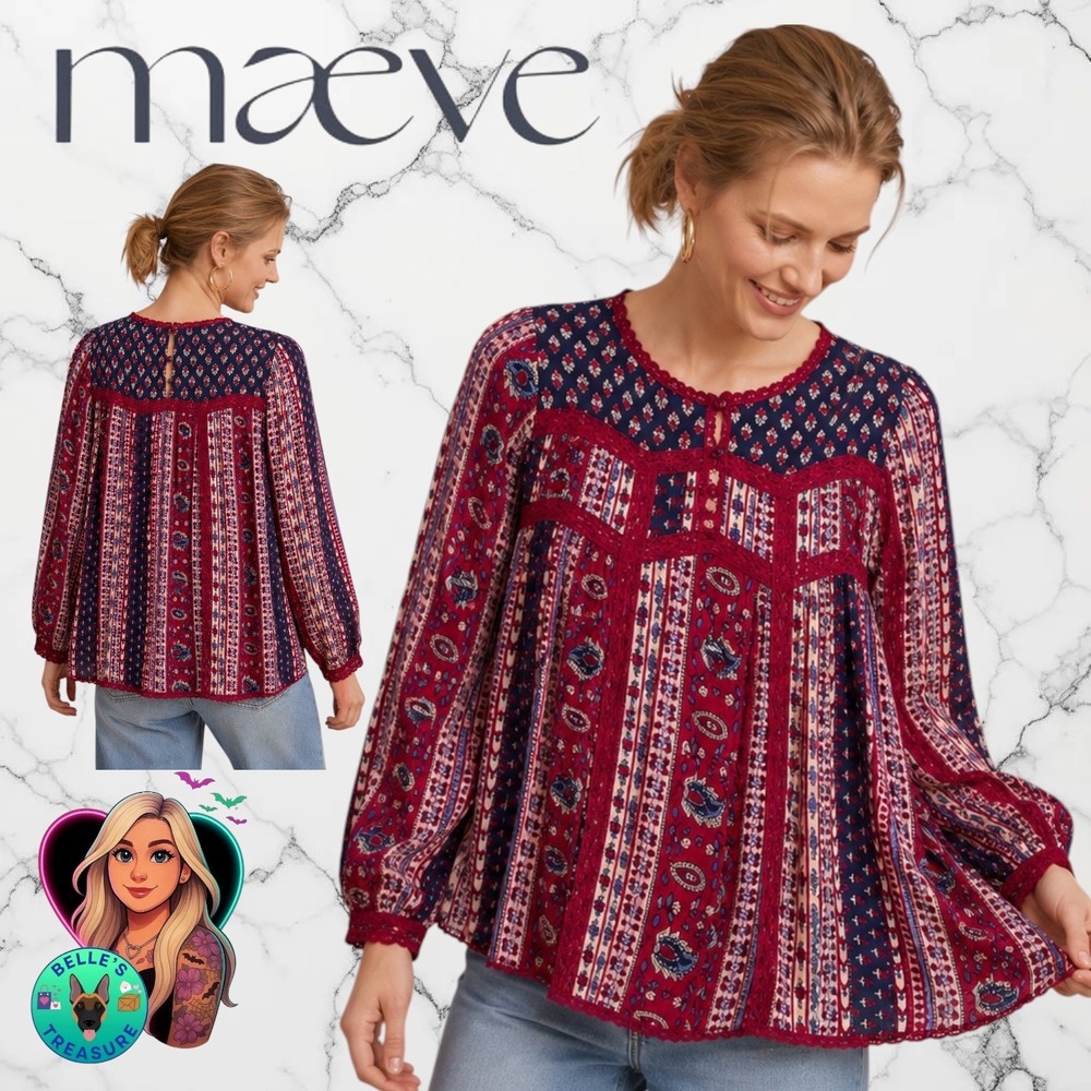 Maeve Anthropologie Womens 12 Gretchen Patchwork Peasant Top Button Back‎ Lace L